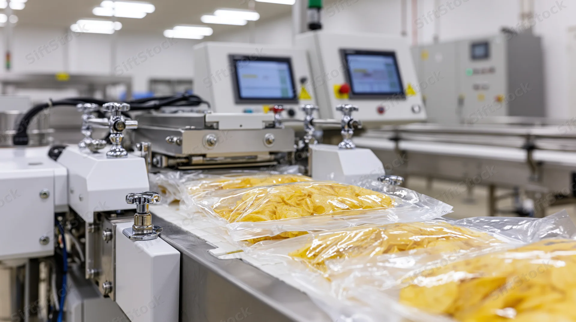 Automated packaging machine sealing clear plastic bags of yellow chips on a conveyor in a factory