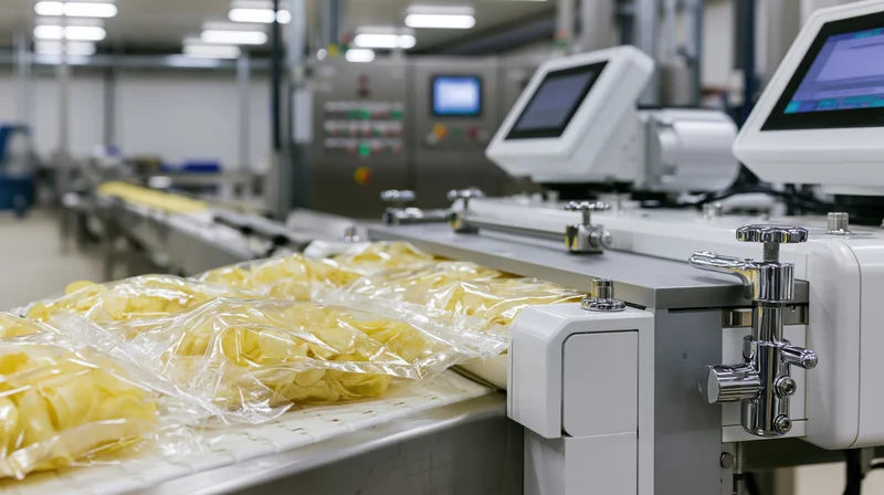 Automated packaging machine sealing clear plastic bags of yellow chips on conveyor line in factory