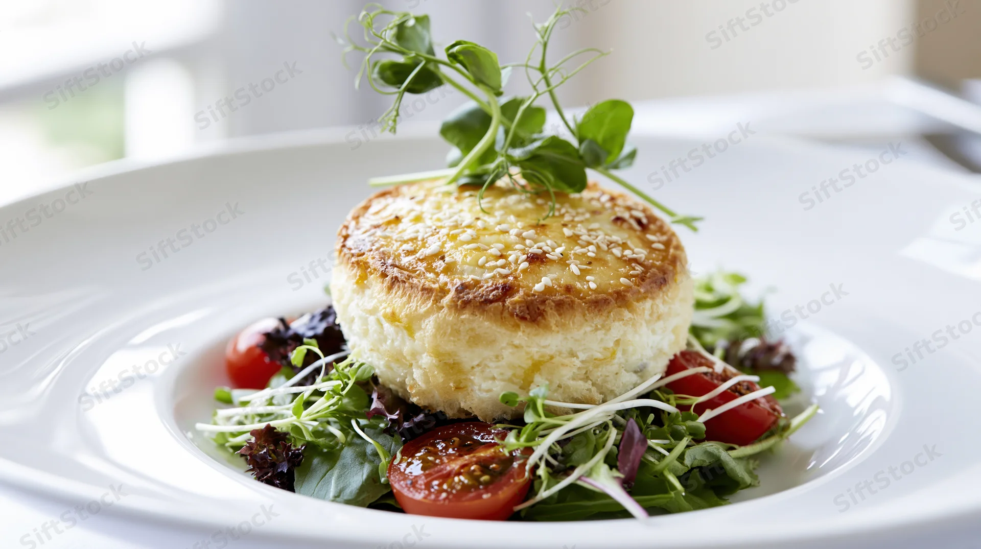 Baked goat cheese round on a bed of greens and cherry tomatoes served on a white plate