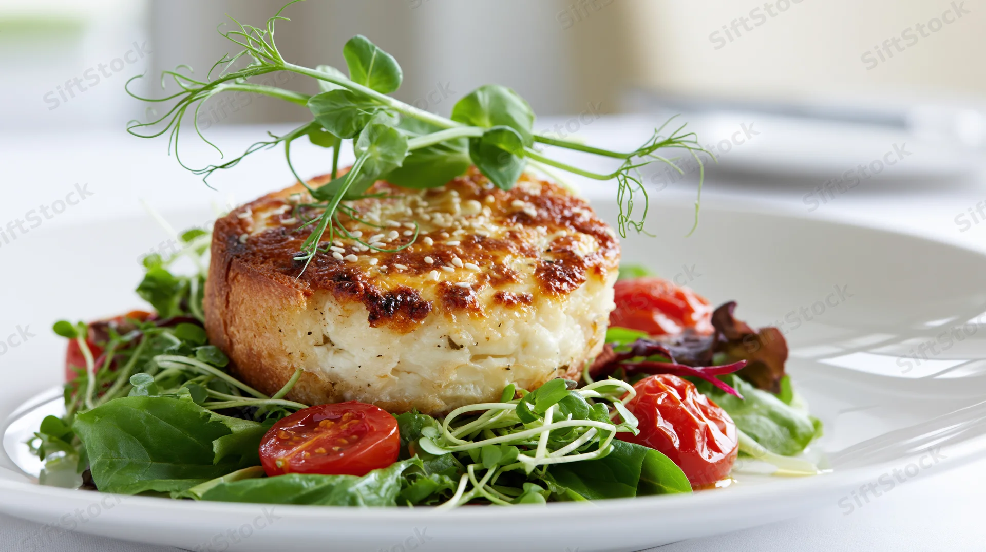 Baked goat cheese round on toasted brioche served over a salad of greens and cherry tomatoes on a white plate