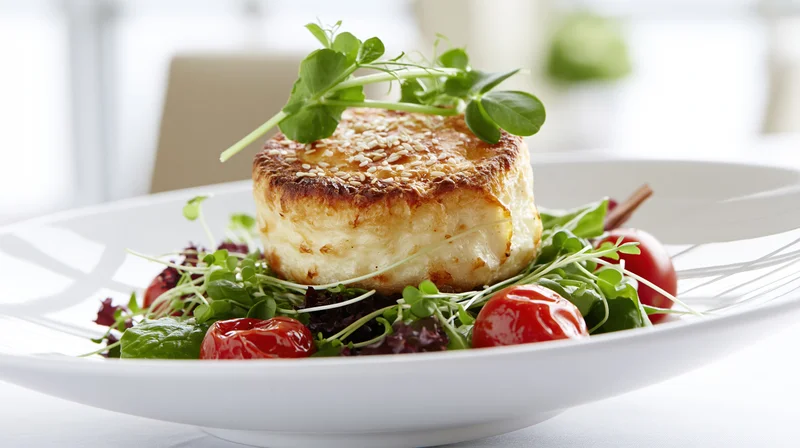 Baked goat cheese round on a bed of microgreens and cherry tomatoes served on a white plate