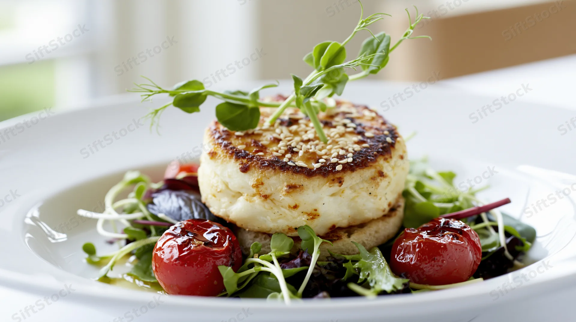 Baked goat cheese round on toasted brioche served over a salad of microgreens and cherry tomatoes on a white plate