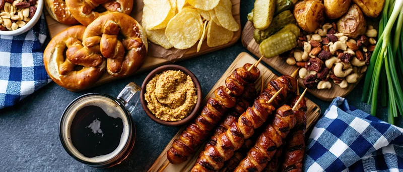 Bavarian oktoberfest food spread with pretzels, sausages, beer and mustard on dark grey surface