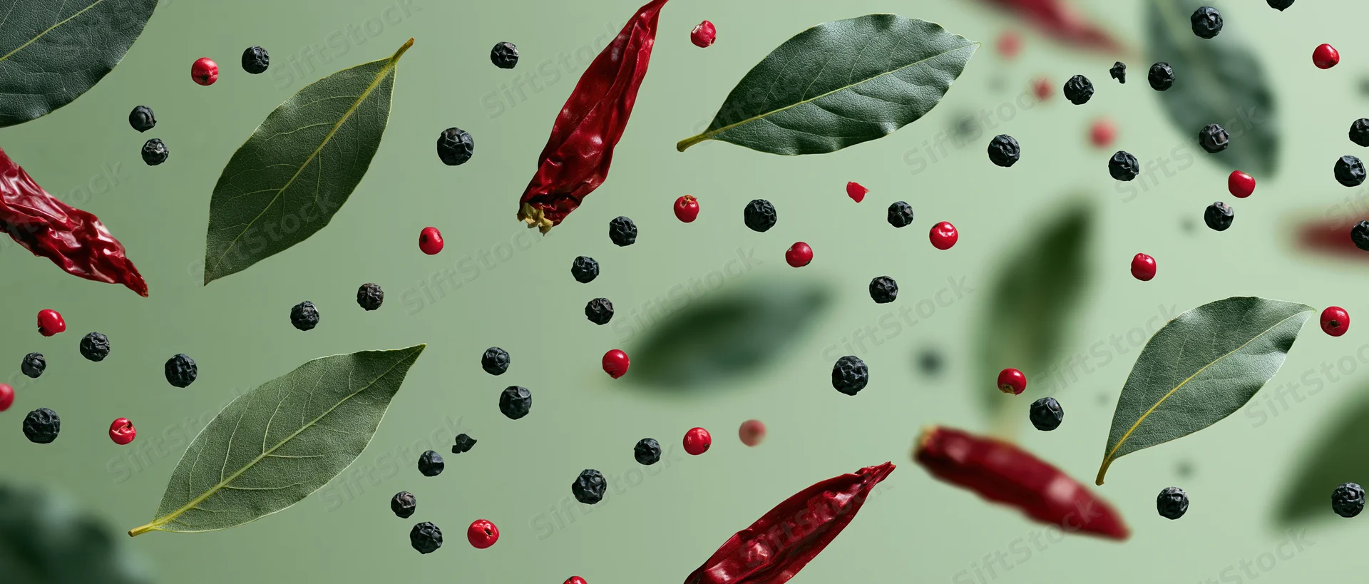 Dried bay leaves, red chili peppers and black peppercorns floating in midair against a green background