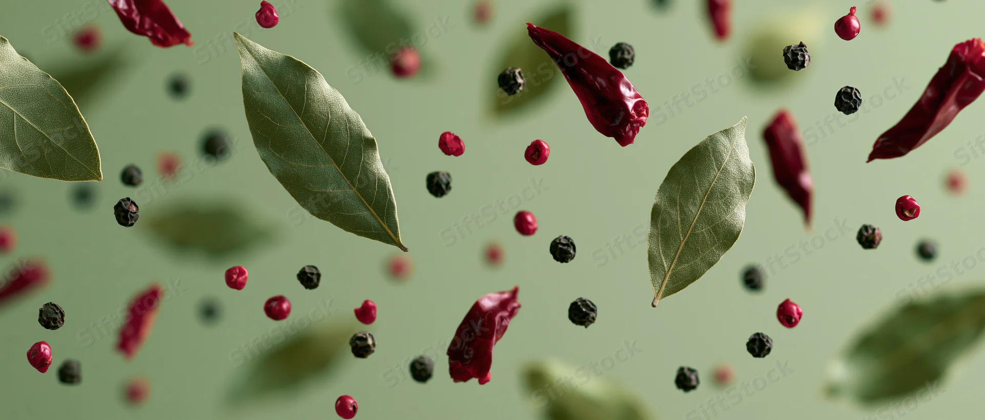 Dried bay leaves, red chili peppers, and black peppercorns floating against a muted green background