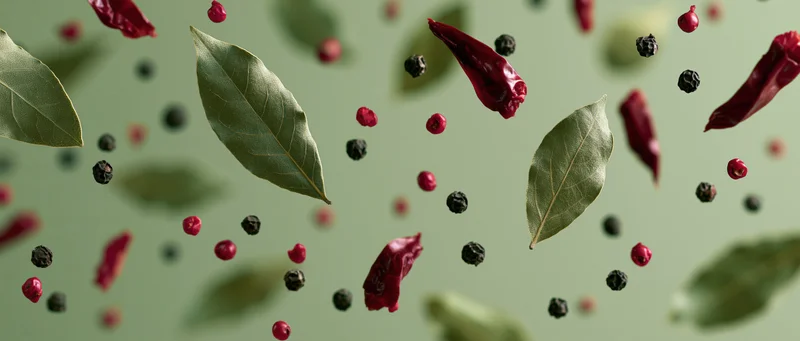 Dried bay leaves, red chili peppers, and black peppercorns floating against a muted green background