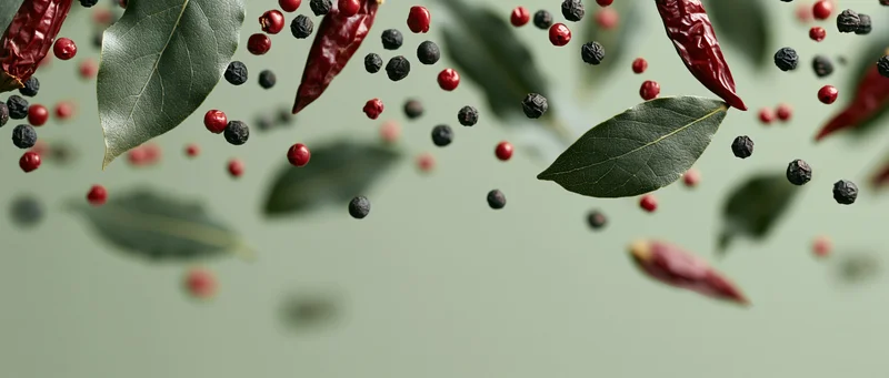 Dried bay leaves, red chili peppers and black peppercorns floating against a muted green background