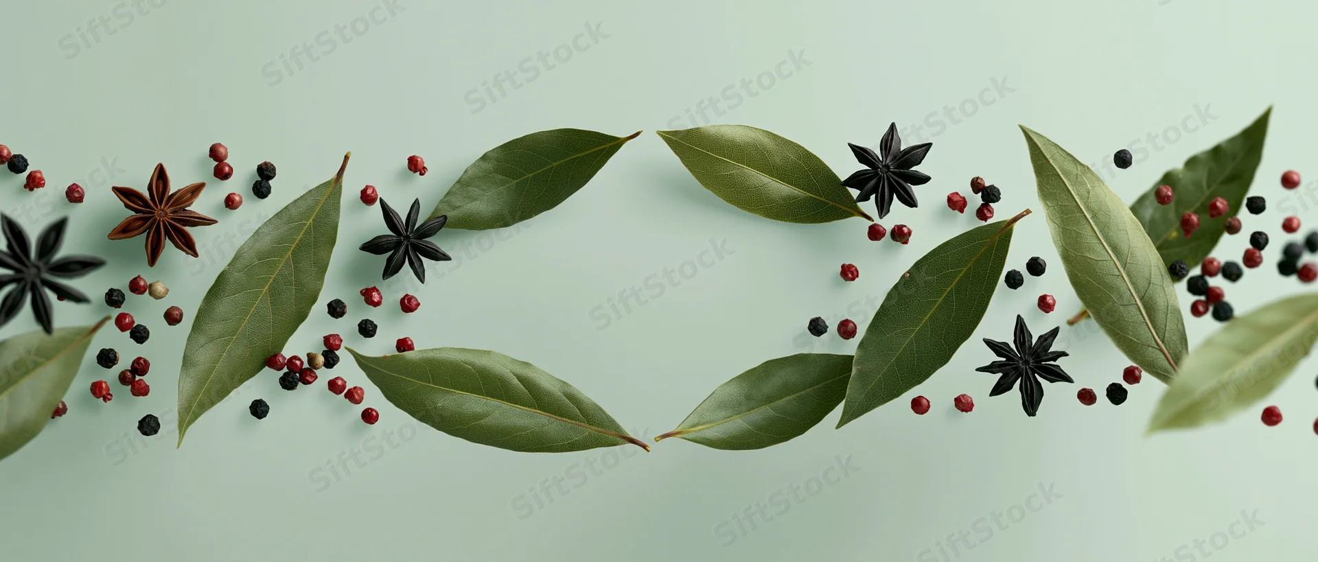 Bay leaves, star anise, and mixed peppercorns floating in midair against a light green background