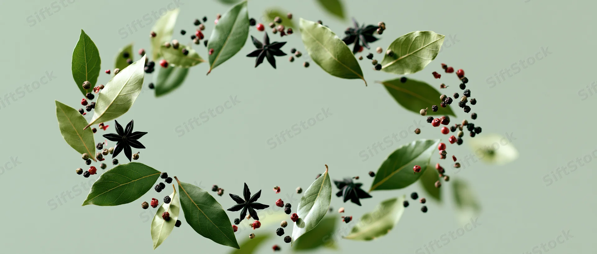 Bay leaves, star anise, and mixed peppercorns floating mid-air against a light green background