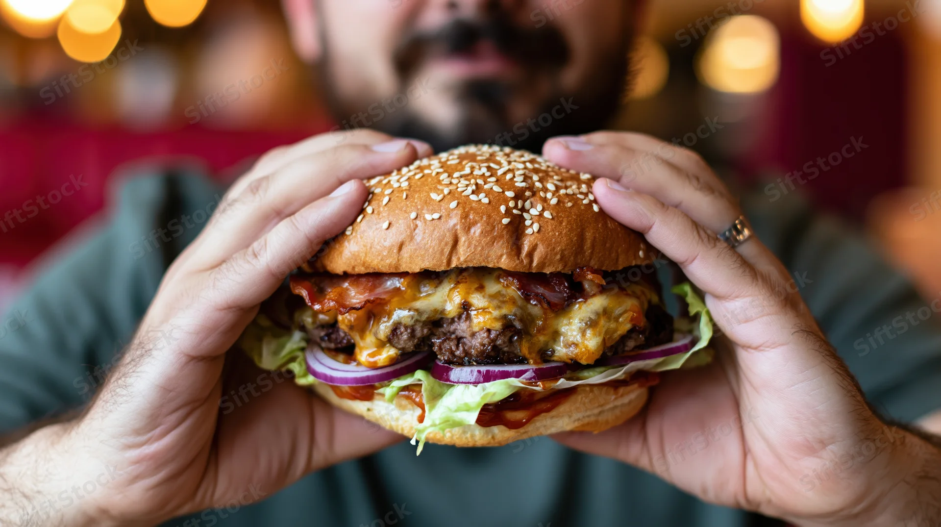 Bearded man holding a large loaded burger with both hands in a warmly lit indoor setting