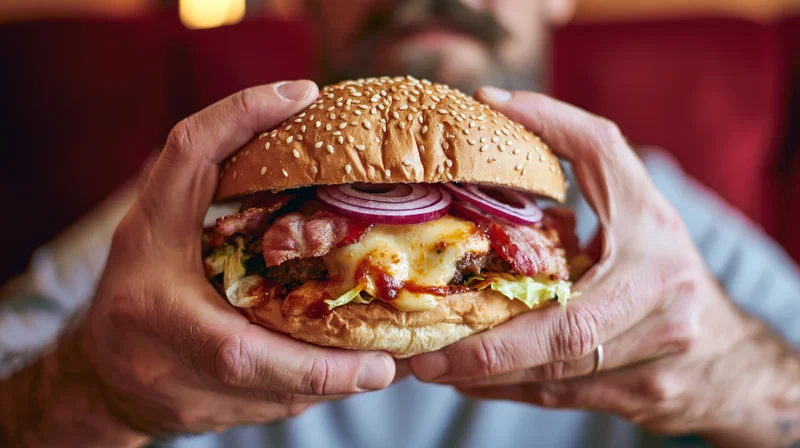 Man holding large loaded burger with both hands in closeup view