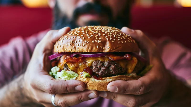 Bearded man holding a large loaded burger with both hands in a restaurant setting