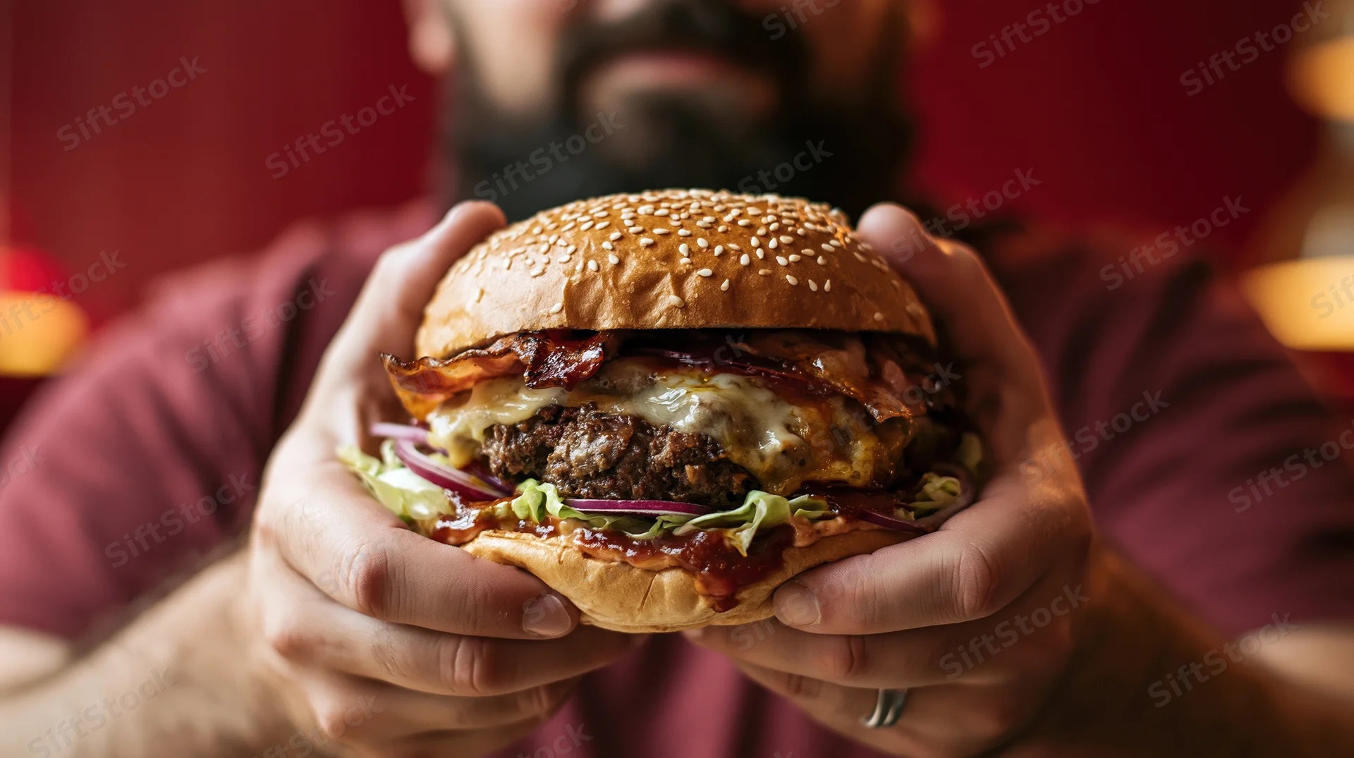 Man holding a large loaded burger with both hands in closeup view