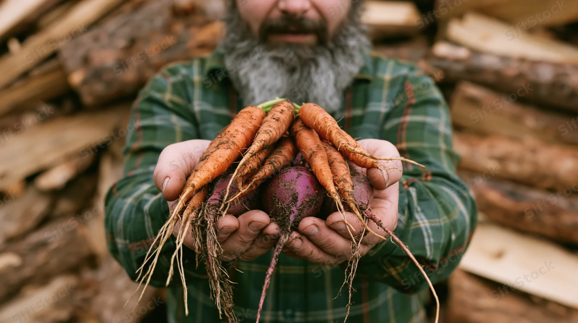 Bearded man holding freshly harvested carrots and beets in front of stacked wood logs