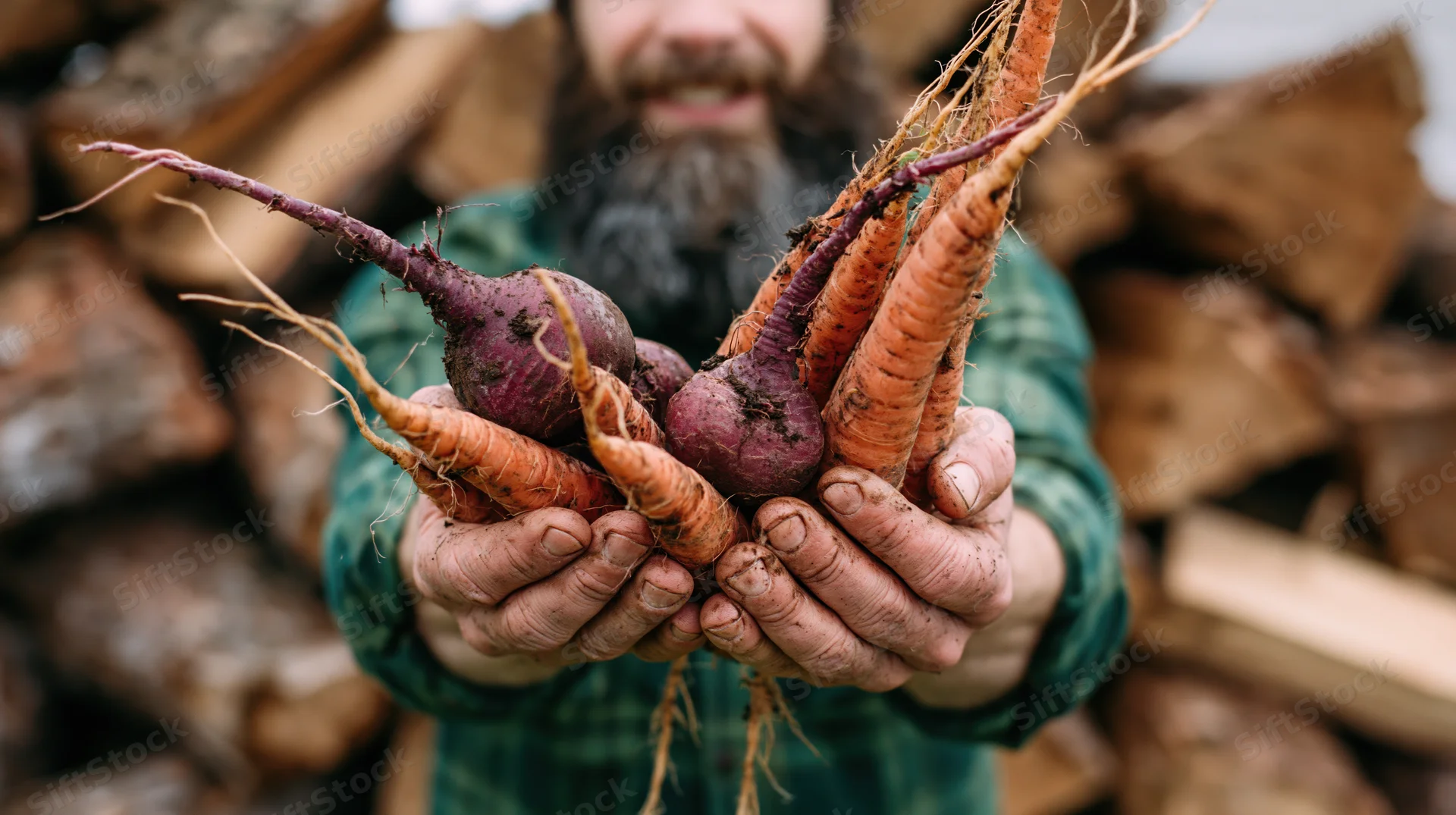 Man holding freshly harvested carrots and beets in front of a woodpile