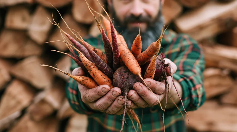 Bearded man holding freshly harvested carrots and beets in front of stacked wood logs