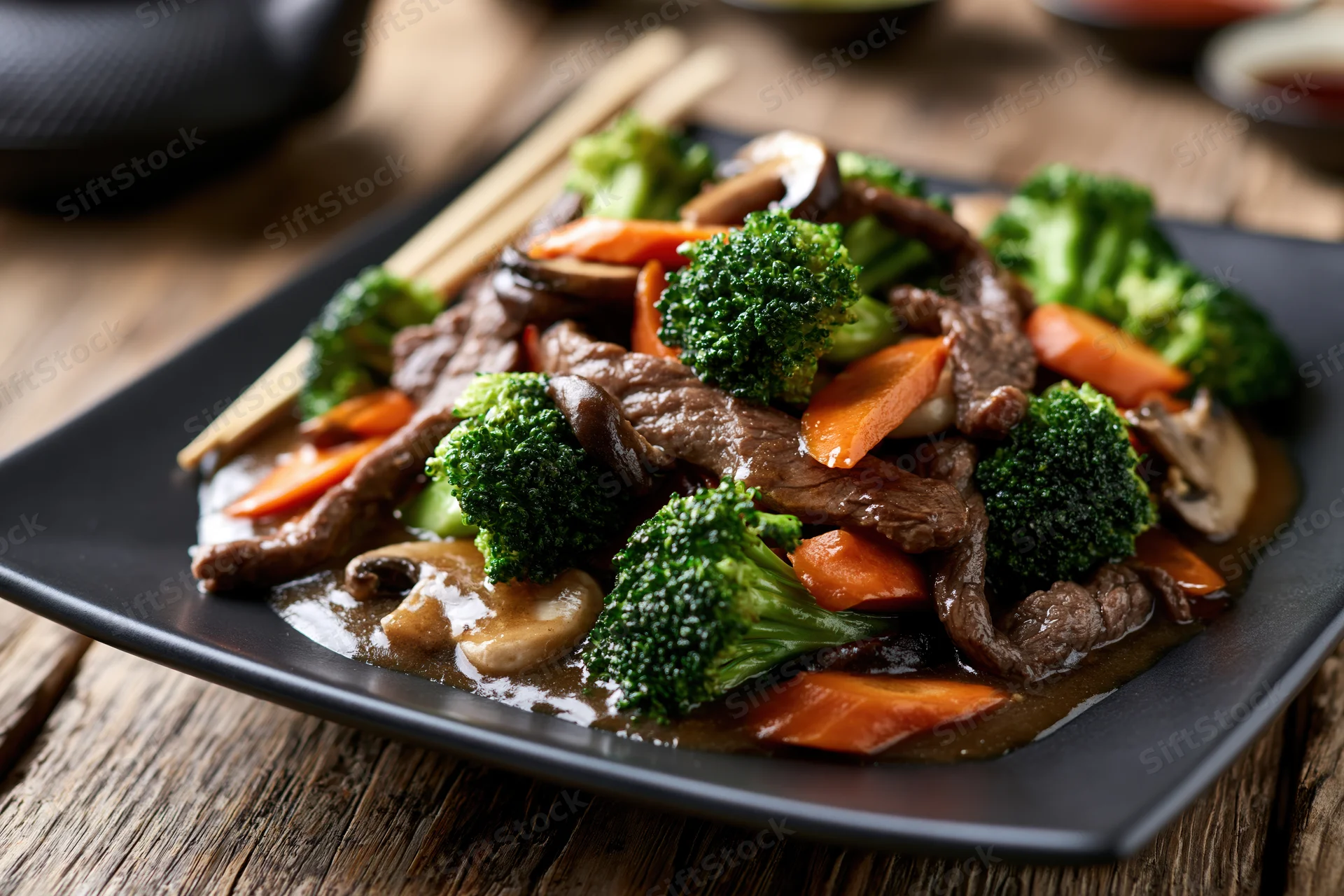 Beef and vegetable stir-fry served on a dark square ceramic plate with chopsticks on a wooden table