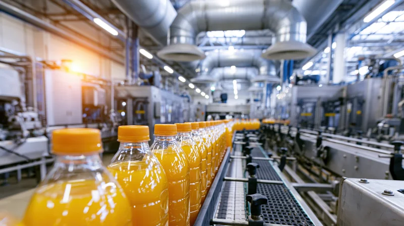 Orange juice bottles moving along conveyor in factory interior