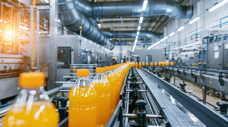 Orange juice bottles moving along conveyor belt in industrial bottling plant interior