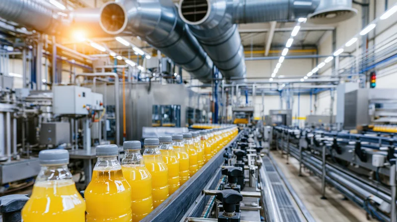 Orange juice bottles moving along conveyor in industrial bottling plant interior