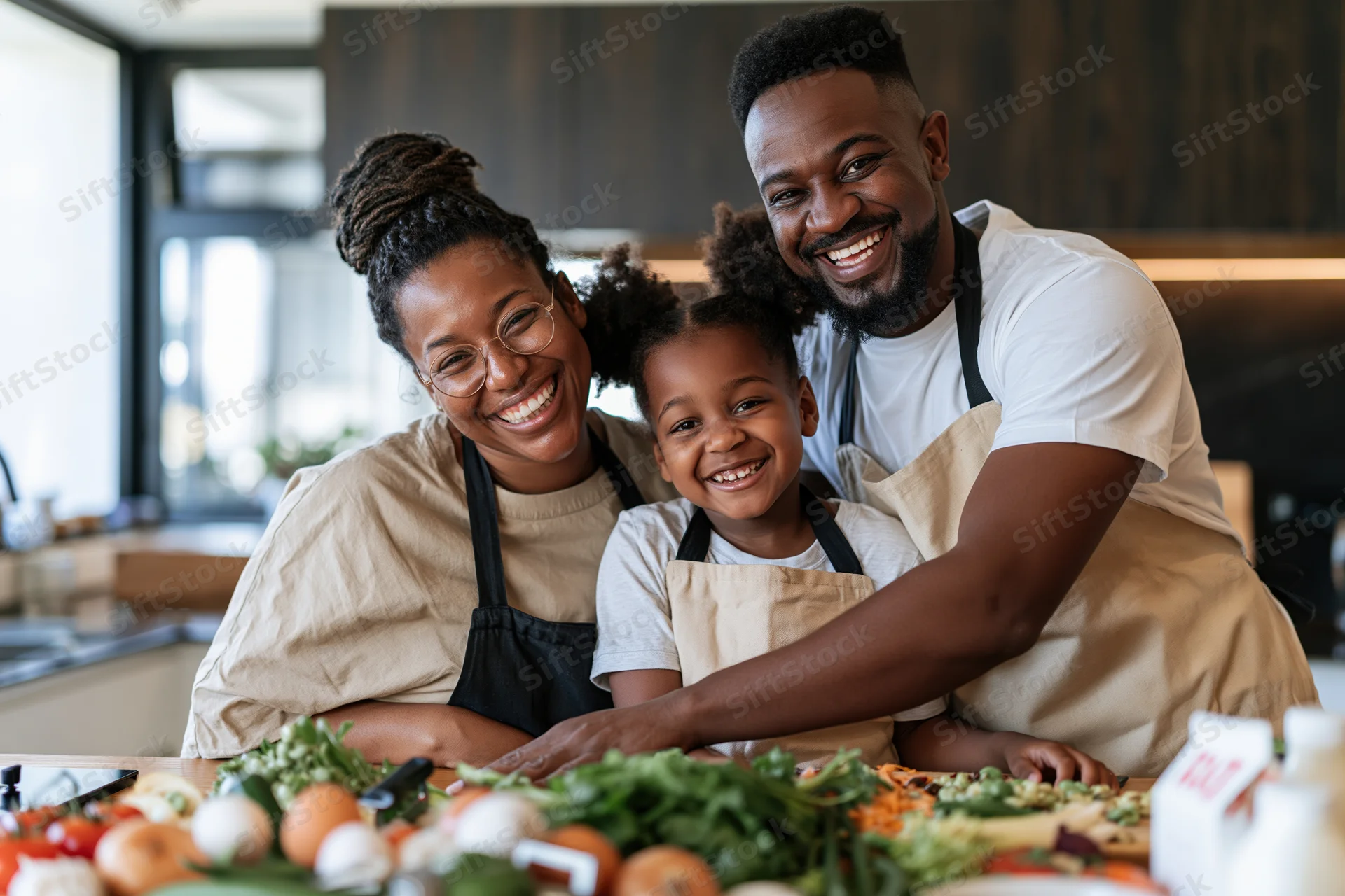 Black family of three smiling while cooking together in a modern kitchen with fresh vegetables on the counter