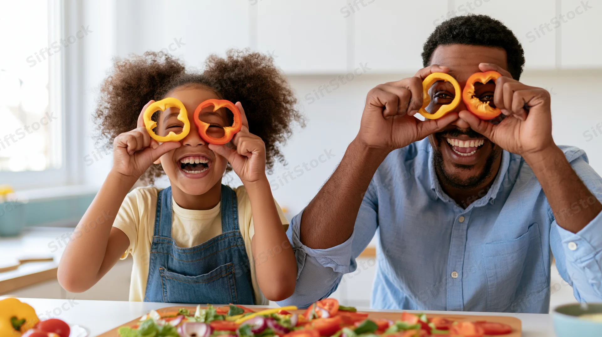 Father and daughter holding bell pepper slices over their eyes in a kitchen