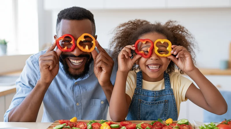 Father and daughter playfully holding bell pepper slices over their eyes in a kitchen
