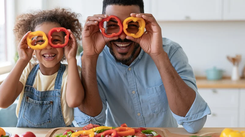 Black father and young daughter holding bell pepper slices over their eyes in kitchen