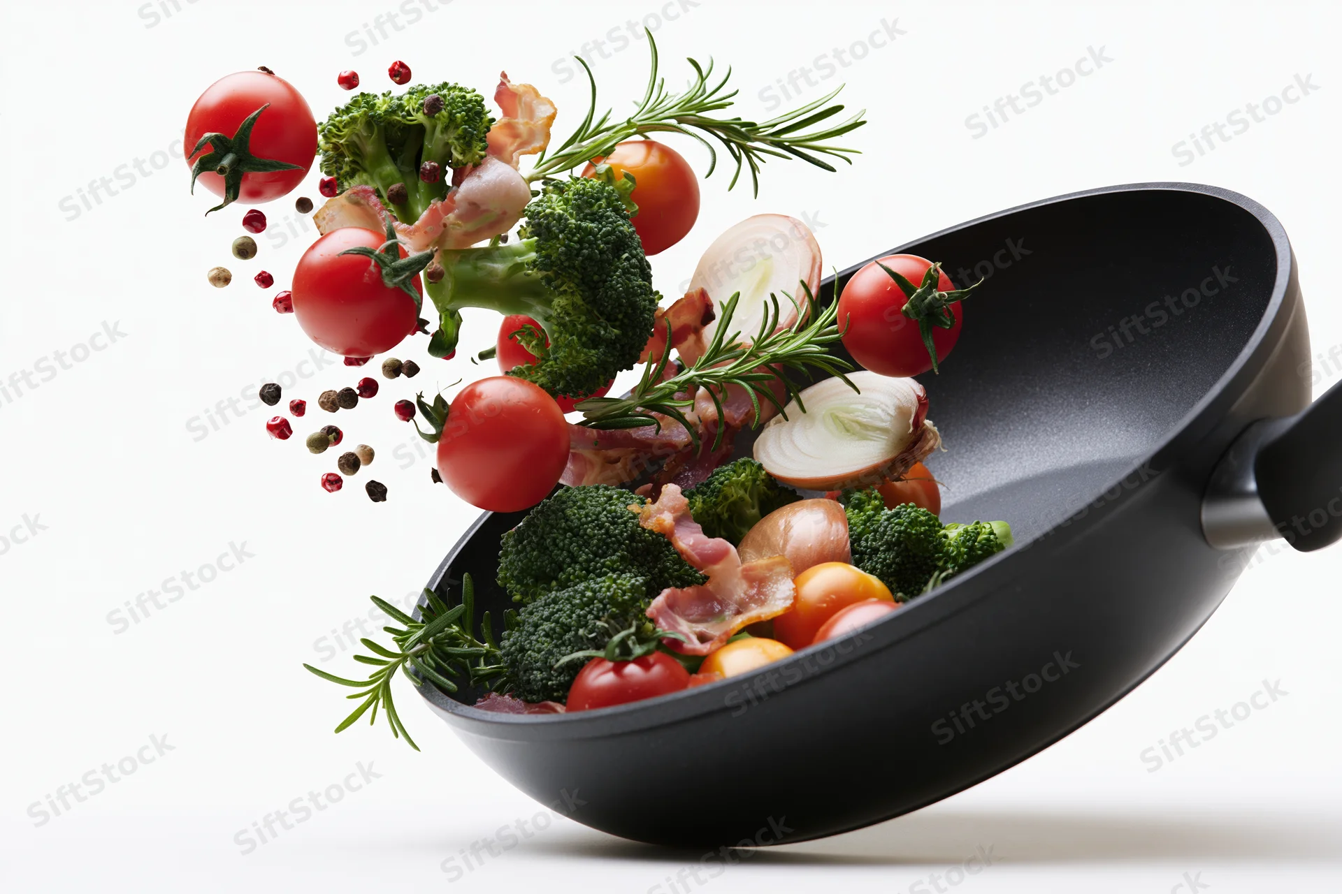 Vegetables and herbs falling into a tilted nonstick frying pan against white background