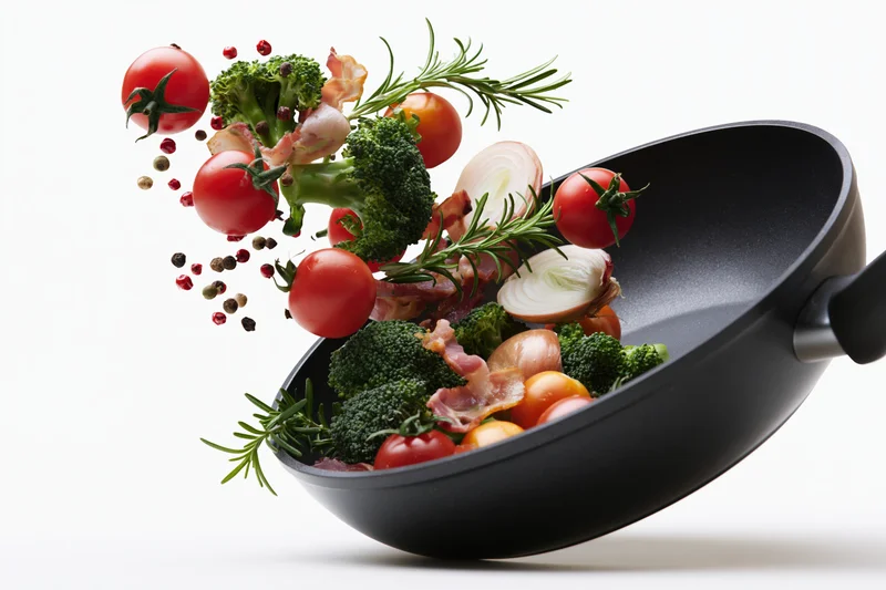 Vegetables and herbs falling into a tilted nonstick frying pan against white background