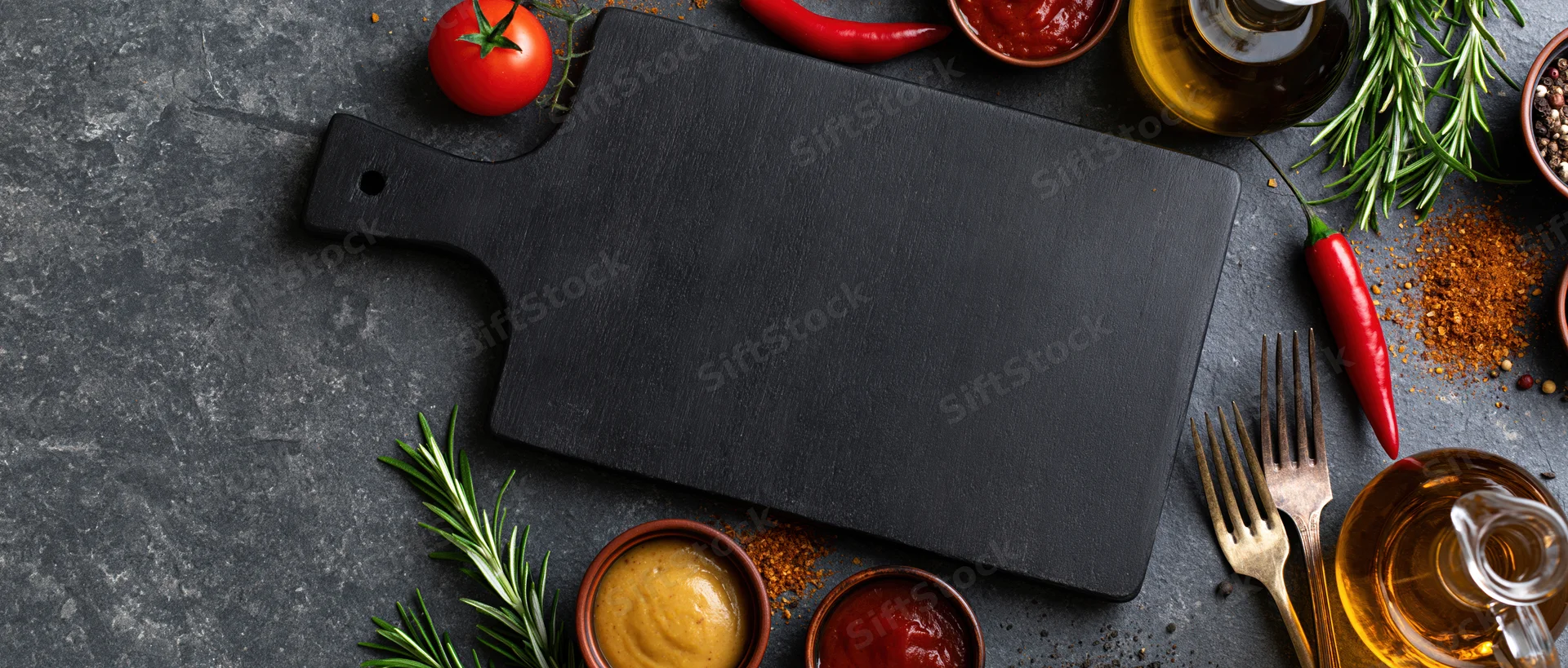 Black wooden cutting board surrounded by fresh ingredients and kitchen tools on dark stone surface
