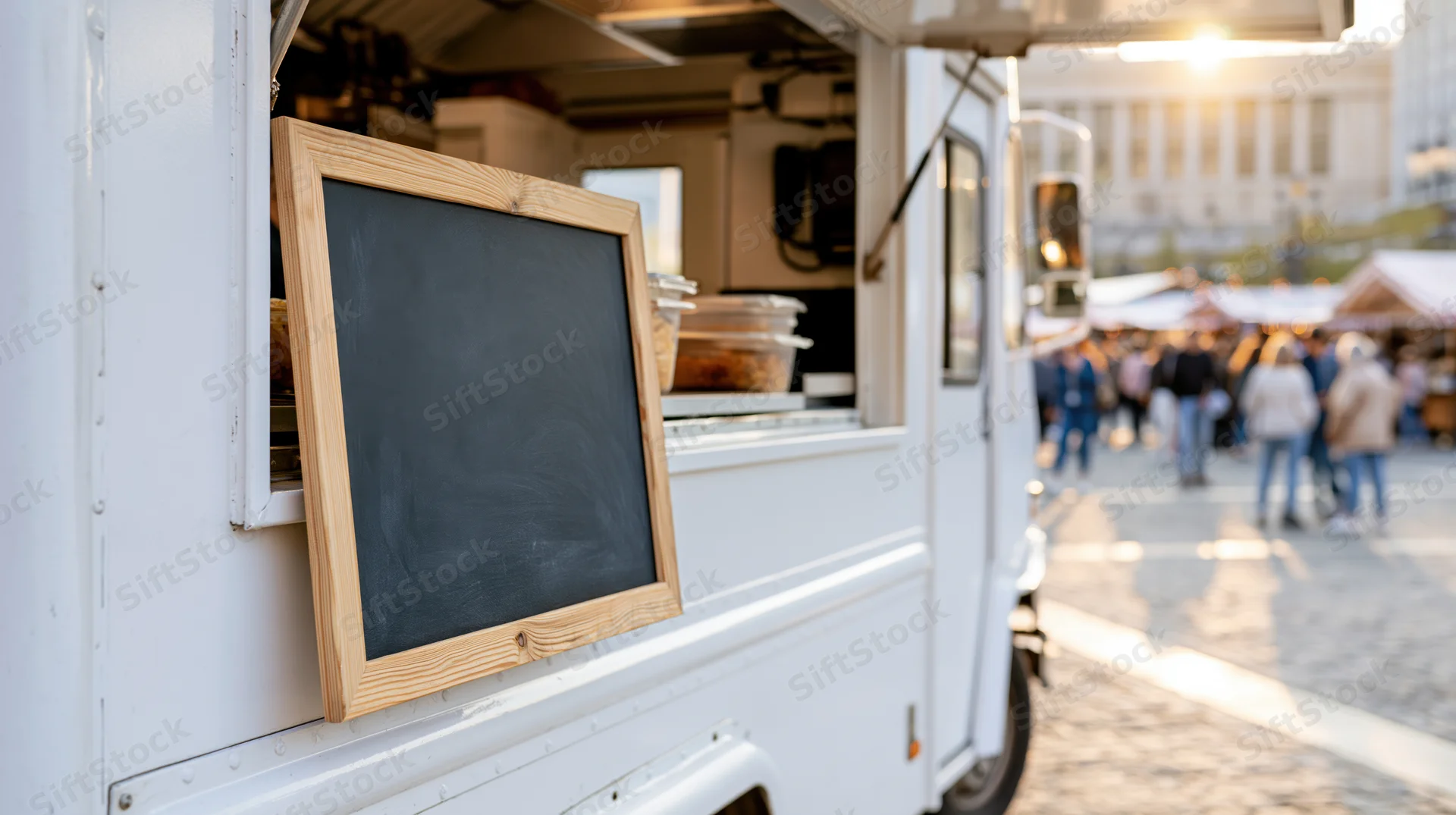 Blank chalkboard sign mounted on side of white food truck at outdoor market