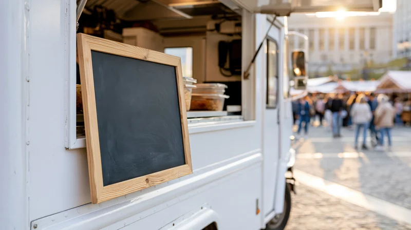 Blank chalkboard sign mounted on side of white food truck at outdoor market