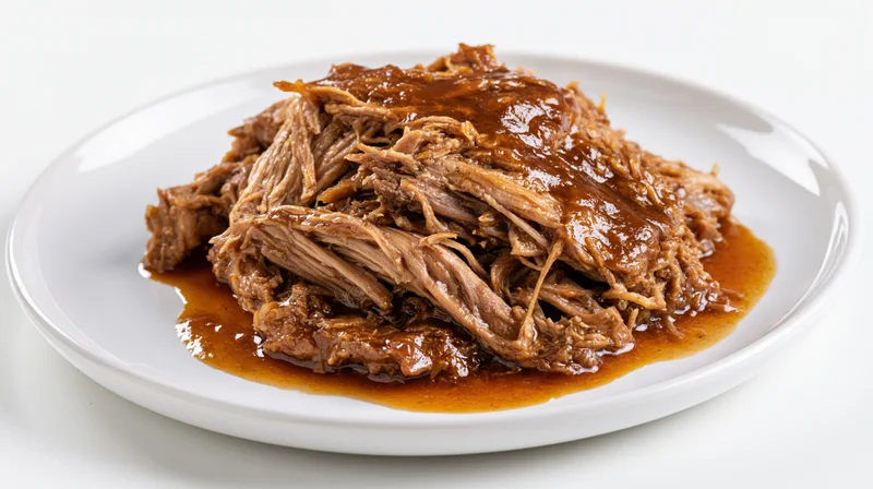 Braised shredded meat with glossy brown gravy served on a white plate