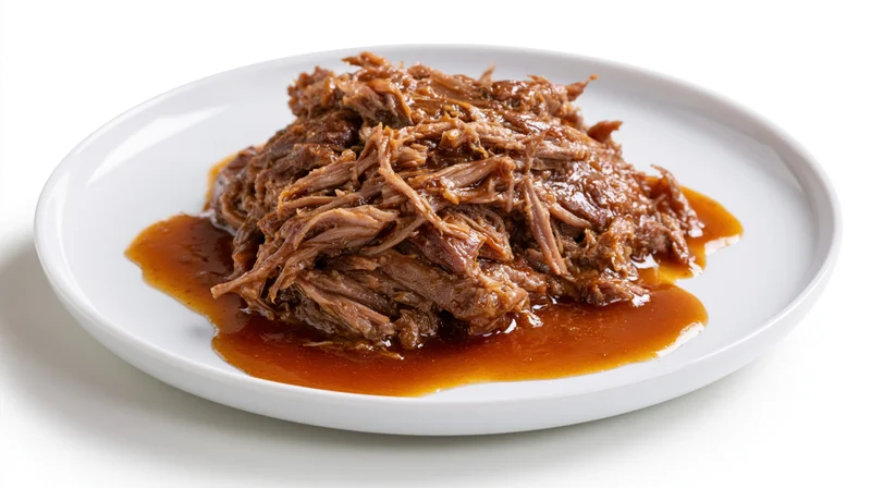 Shredded braised meat with glossy brown gravy on a white plate