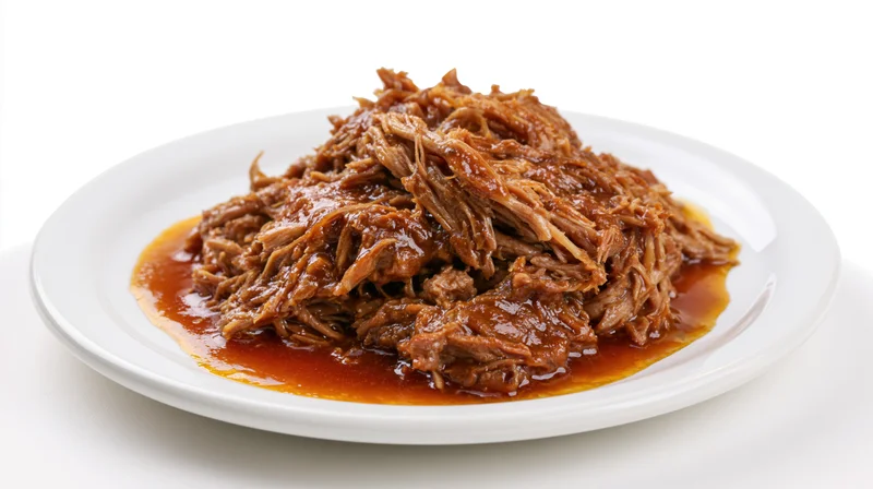 Shredded braised meat with glossy brown gravy on a white plate