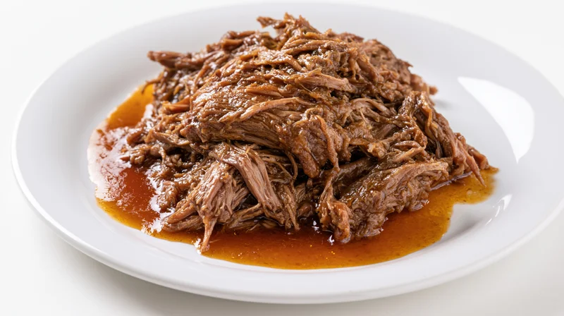 Shredded braised meat with glossy brown gravy on a white plate