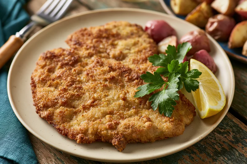 Breaded pan-fried schnitzel on a cream ceramic plate garnished with parsley and lemon wedge, served with roasted potatoes on a wooden table
