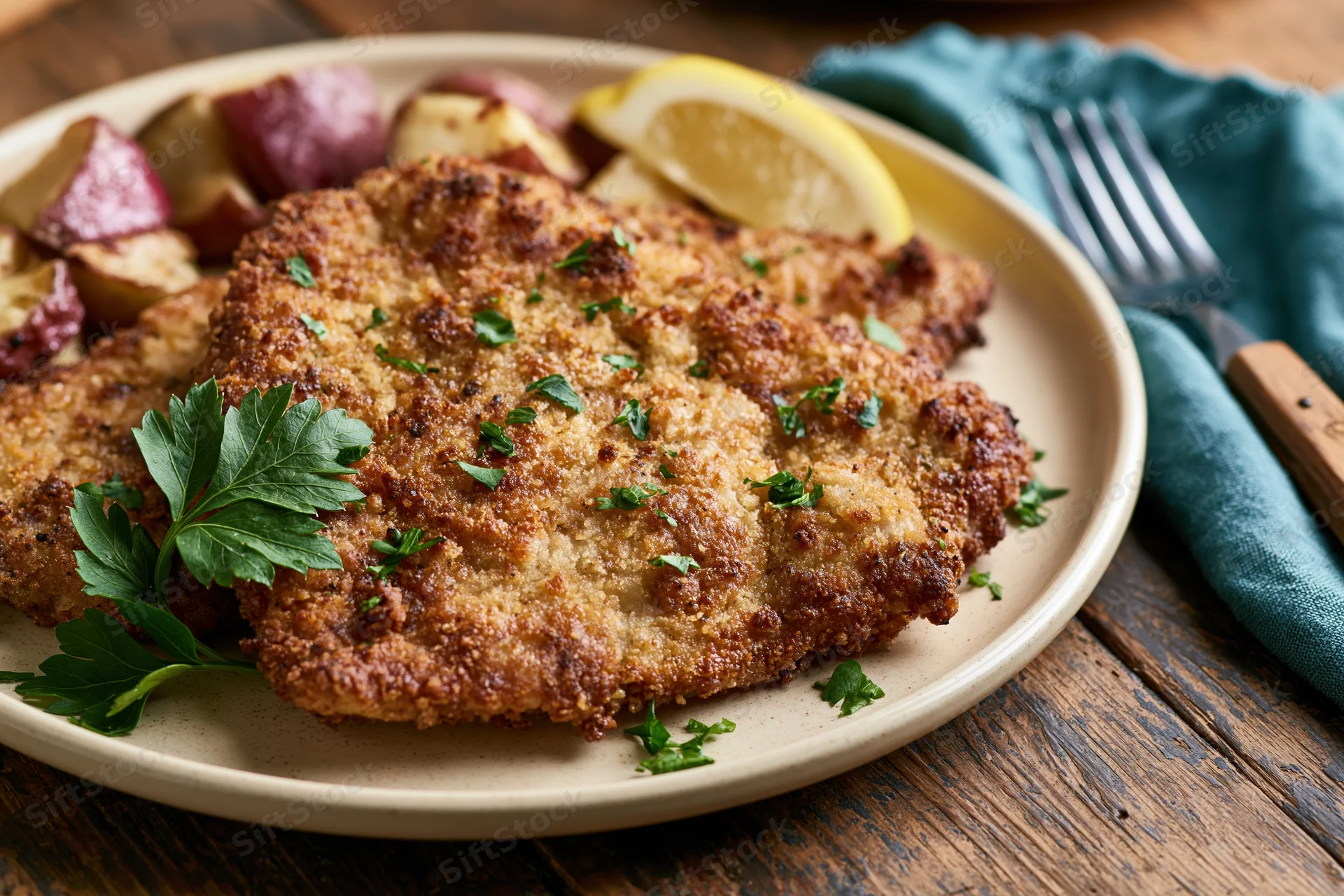 Breaded pan-fried schnitzel on a cream ceramic plate garnished with parsley and lemon, served with roasted potatoes on a wooden table