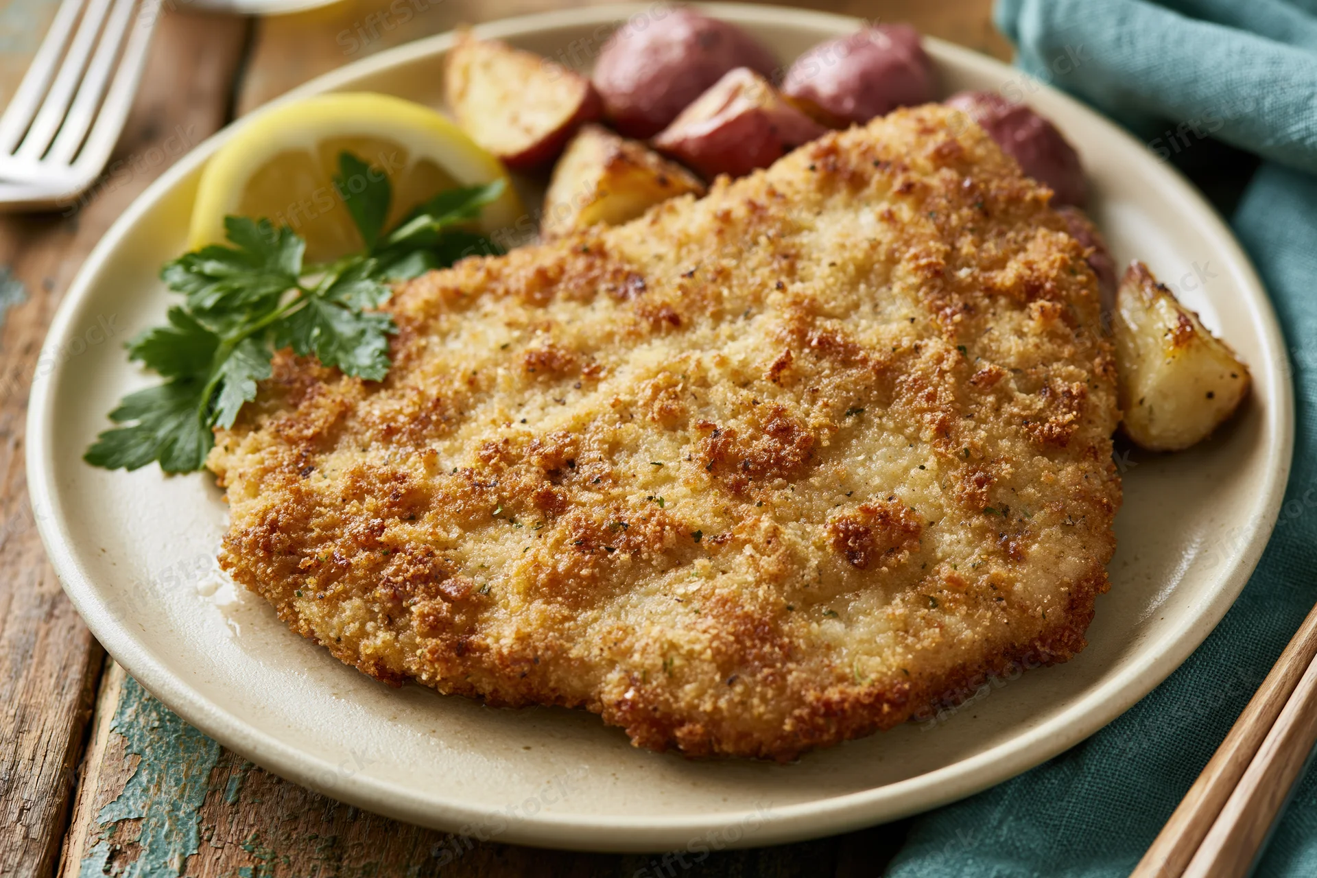Breaded pan-fried schnitzel on a cream ceramic plate garnished with parsley and lemon, served with roasted red potatoes on a wooden table