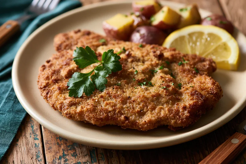 Breaded pan-fried schnitzel on a cream ceramic plate garnished with parsley and lemon beside red and yellow potatoes on a wooden table