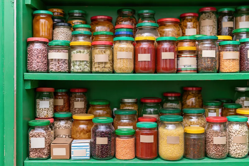 Green wooden pantry shelves filled with glass jars of dry food ingredients arranged neatly for storage