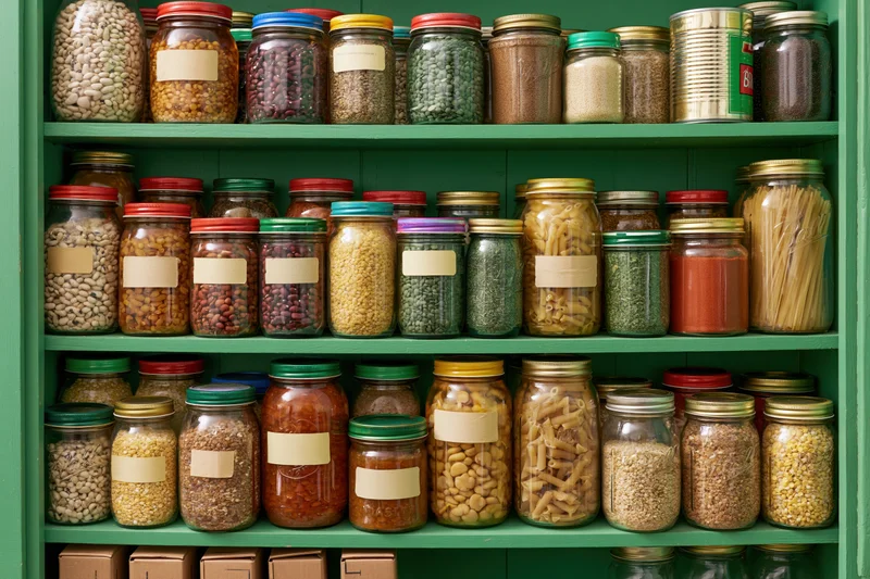 Green wooden pantry shelves filled with glass jars of dry food ingredients