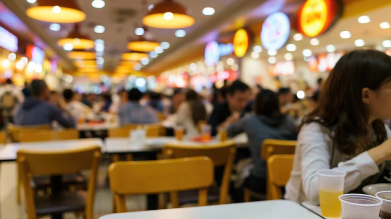 Diners seated at tables in a busy food court interior with warm pendant lighting and plastic cups on tables
