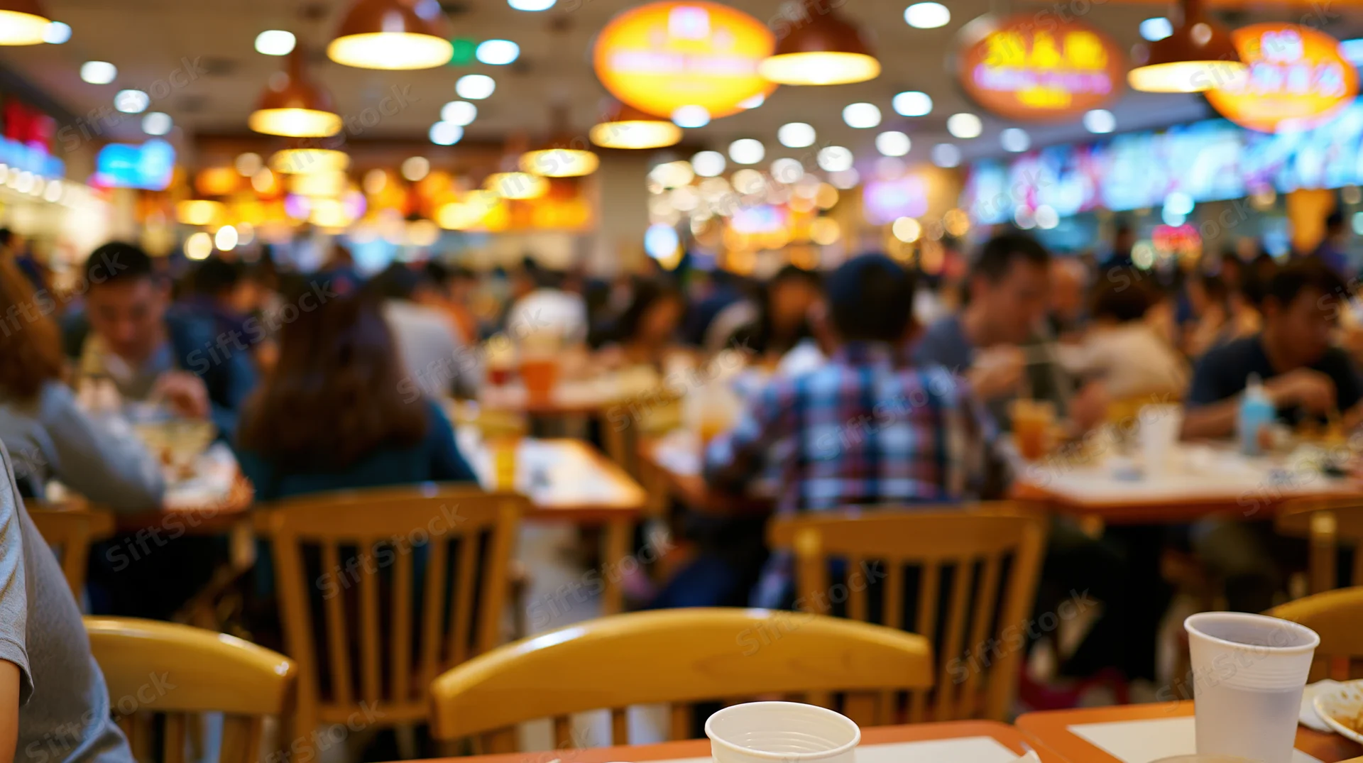 Diners seated at tables in a busy food court interior with warm overhead lighting