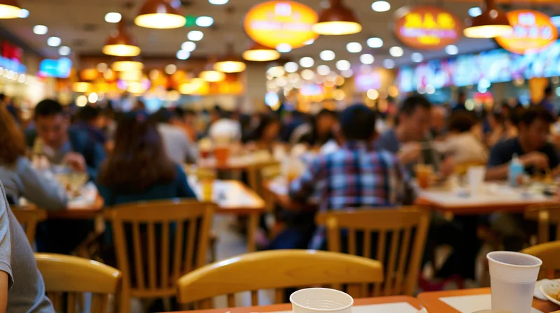 Diners seated at tables in a busy food court interior with warm overhead lighting