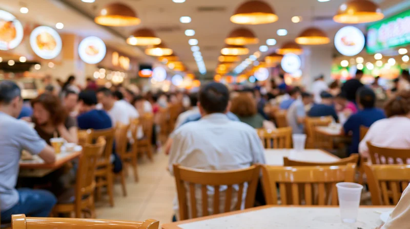Diners seated at rows of tables in a busy food court interior