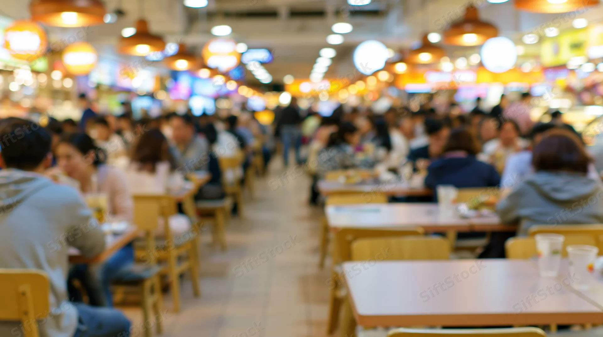 People seated at tables in a busy food court interior with warm overhead lighting