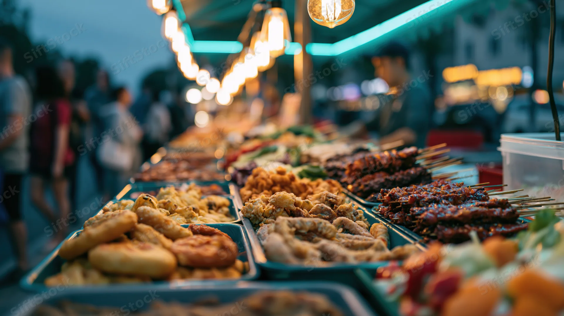 Trays of fried snacks and skewers displayed at a busy outdoor night market stall under warm neon lights