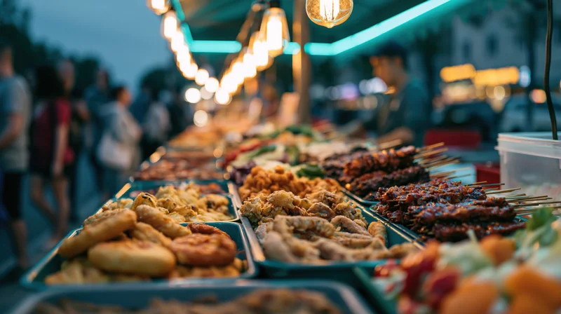 Trays of fried snacks and skewers displayed at a busy outdoor night market stall under warm neon lights